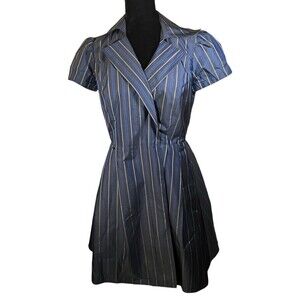 Steve Madden Wrap Puff Sleeve Taffeta Stripe Blue Black Dress Size 6
